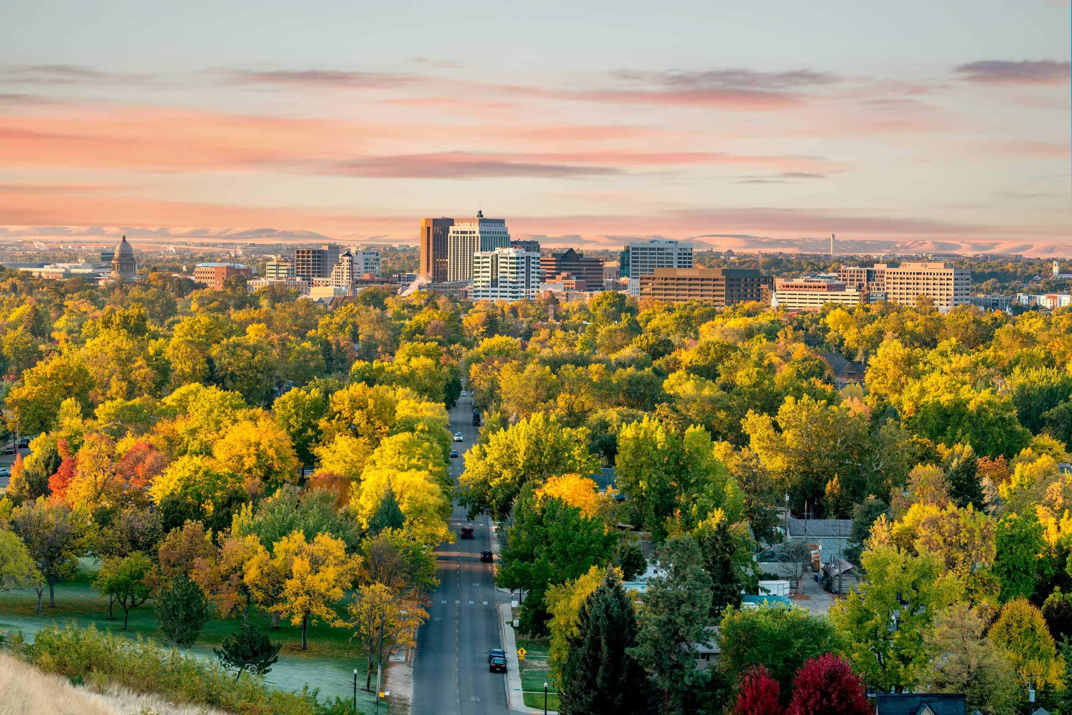 Sunrise over Boise with pastel oranges and purples in the sky, trees leading up to the city skyline.